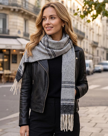 Oversized Herringbone Accent Color Flecked Stripes Fringe Winter Scarf Black