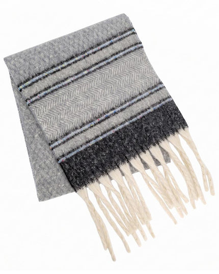 Oversized Herringbone Accent Color Flecked Stripes Fringe Winter Scarf 