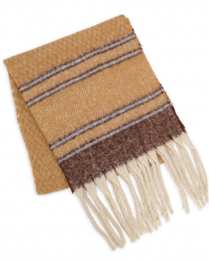 Oversized Herringbone Accent Color Flecked Stripes Fringe Winter Scarf Tan