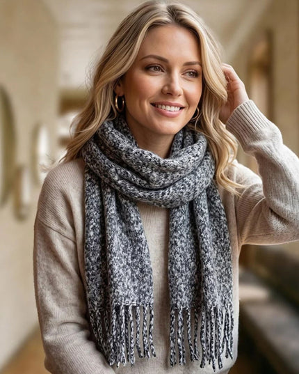 Oversized Melange Effect Brushed Fringe Winter Scarf Black