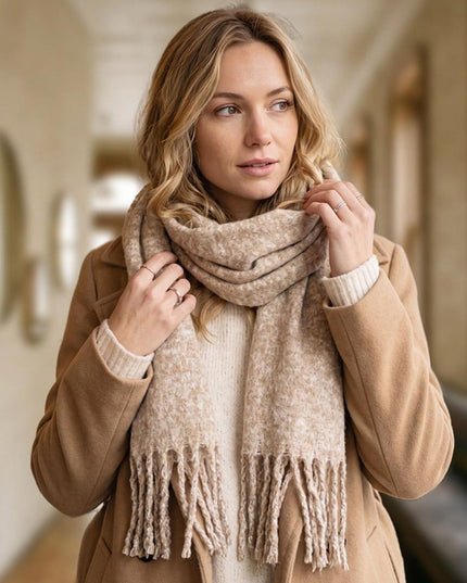 Oversized Melange Effect Brushed Fringe Winter Scarf Beige