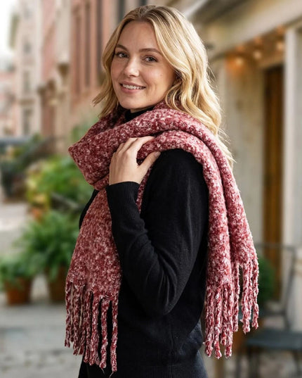 Oversized Melange Effect Brushed Fringe Winter Scarf Scarlet