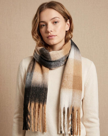 Oversized Soft Fringe Plaid Oblong Winter Scarf Grey