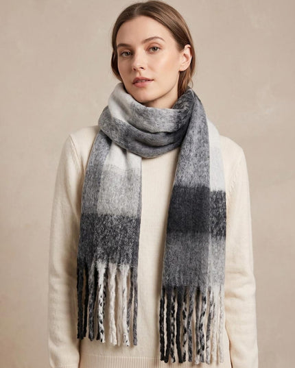Oversized Soft Fringe Plaid Oblong Winter Scarf Black Grey