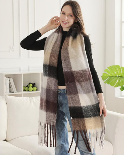 Oversized Soft Fringe Plaid Oblong Winter Scarf Plum