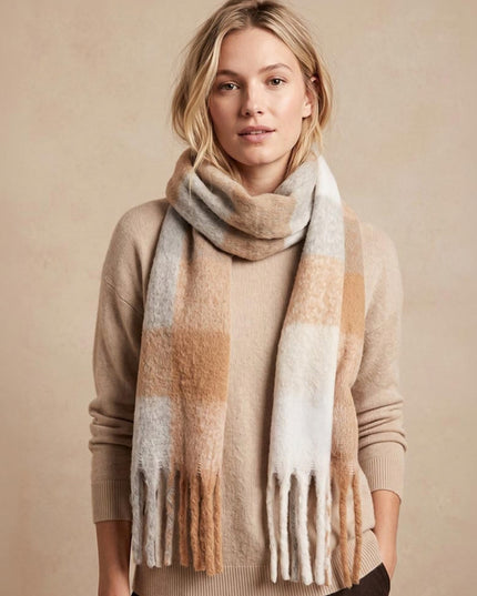 Oversized Soft Fringe Plaid Oblong Winter Scarf Beige