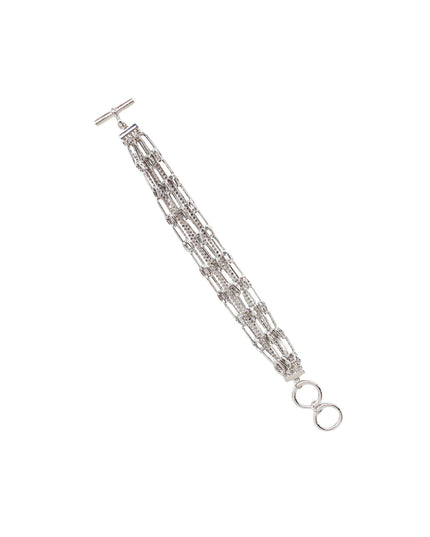 A silver-toned multi-strand chain bracelet with a toggle clasp and extension rings, shown on a plain white background.
