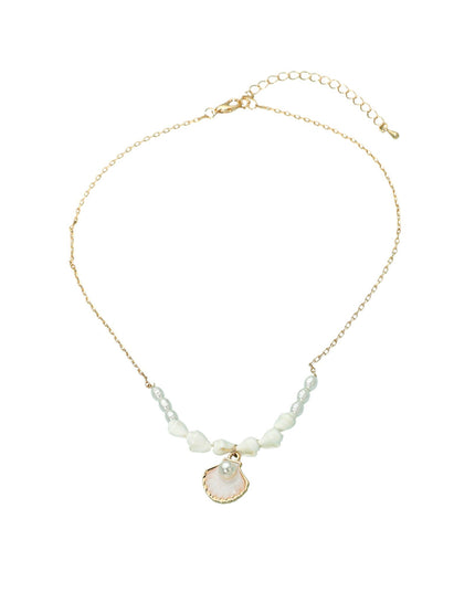 Necklace with shell pendant and white beads on a white background