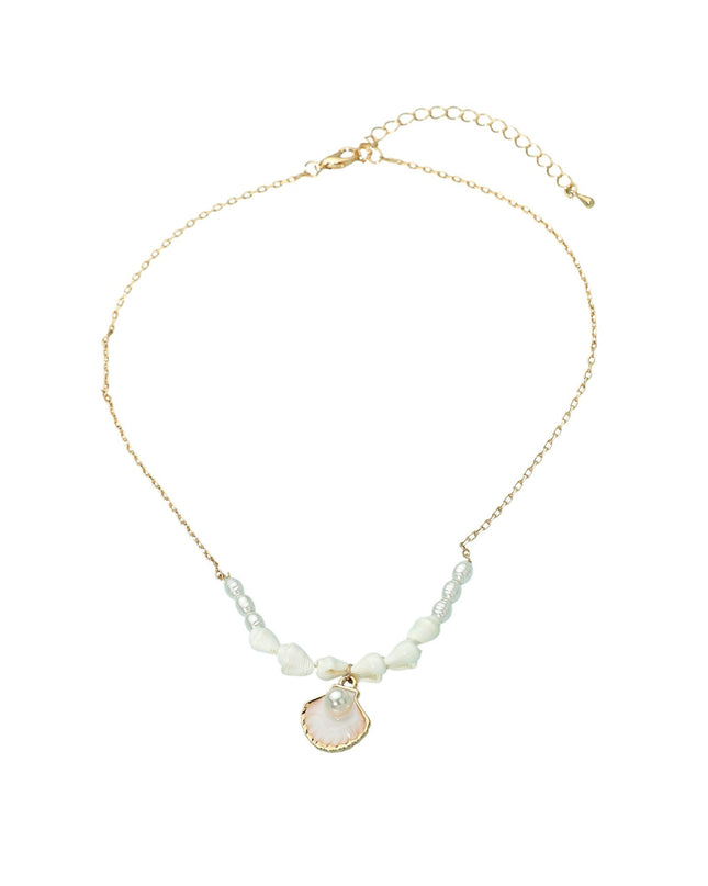 Necklace with shell pendant and white beads on a white background
