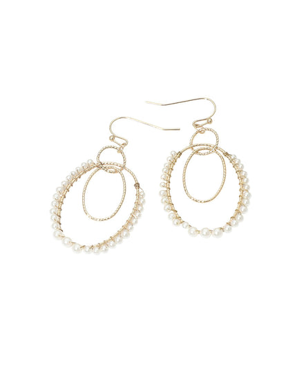 Pair of gold and pearl earrings on a white background