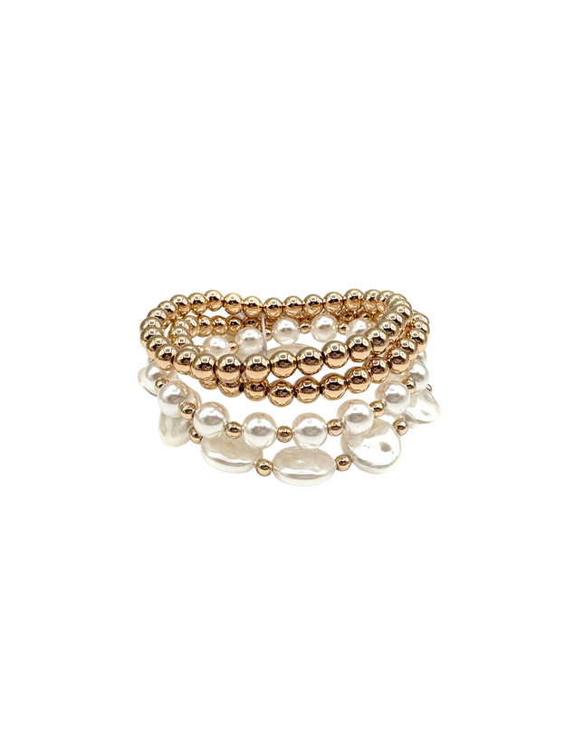 Pearl Metal Ball Bead 3 Bracelet Set