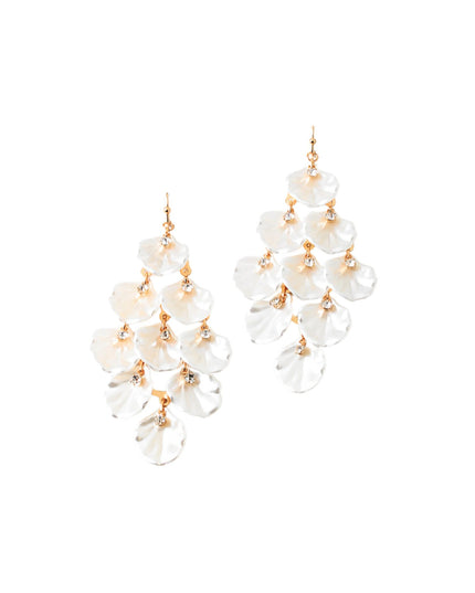 A pair of gold-tone dangle earrings featuring cascading clusters of translucent, petal-like white beads on a solid white background.