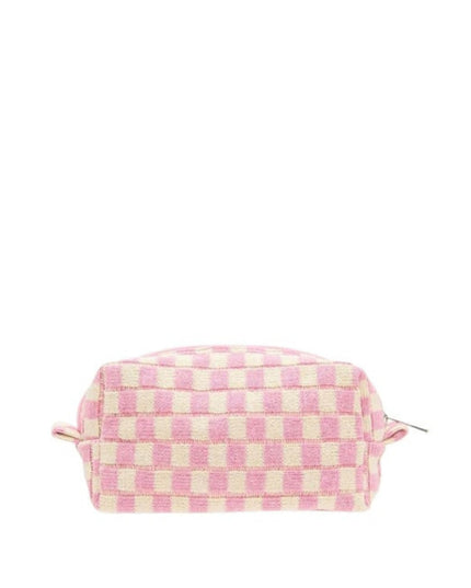 Pink and white checkered pouch on a white background