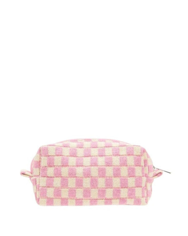 Pink and white checkered pouch on a white background