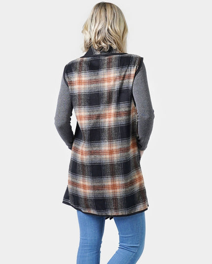 Plaid Check Long Vest With Pocket Black