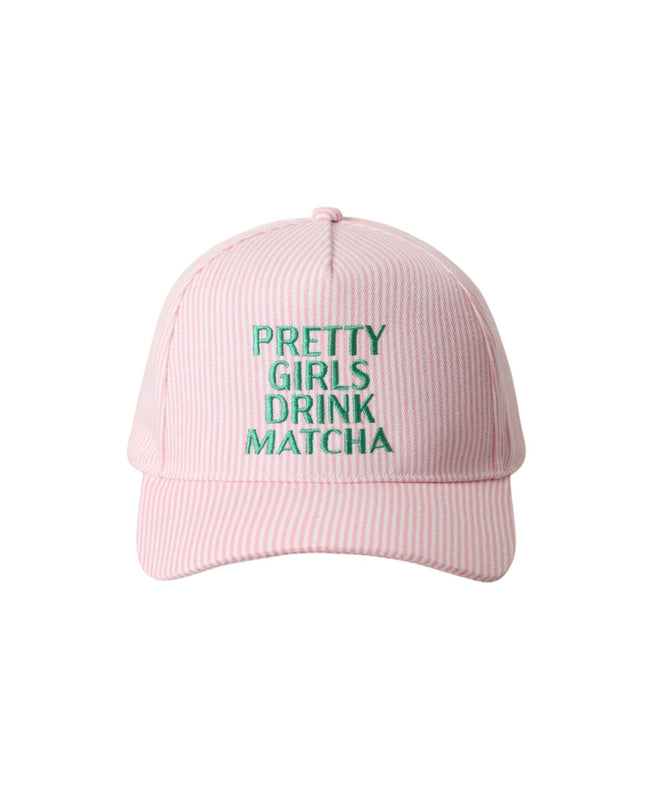 Pink cap with 'Pretty Girls Drink Matcha' text on a white background