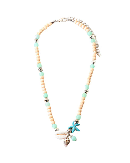A beaded necklace featuring light peach and mint green beads, silver spacer beads, and a central charm cluster with a blue starfish, shell, and small turquoise bead, displayed on a solid white background.