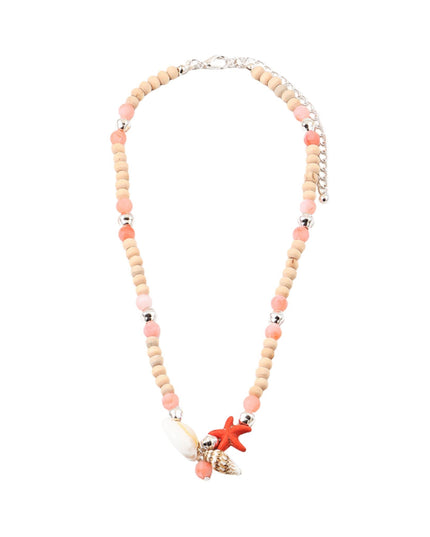 A beaded necklace featuring natural wood beads, pink and peach beads, silver spacer beads, and a charm with a red-orange starfish, a pink shell, and a white shell, displayed on a solid white background.
