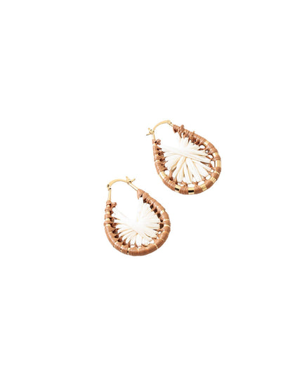 A pair of teardrop-shaped hoop earrings with a woven brown and beige outer frame and a white fan-like center, shown on a plain white background.
