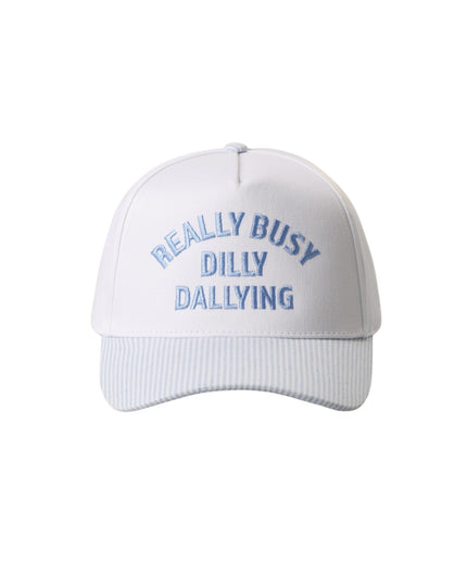 White cap with blue text on a white background