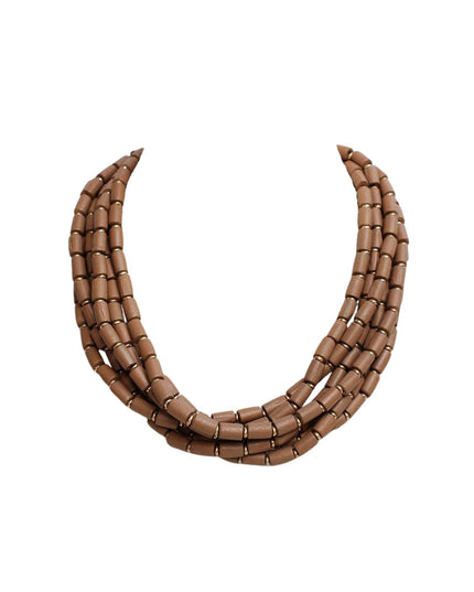 A multi-strand statement necklace made of cylindrical brown beads with small metallic gold spacer rings, displayed on a clean white background.