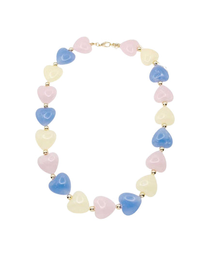 A heart-shaped beaded necklace featuring pastel pink, light blue, and pale yellow stones separated by small gold spacer beads, displayed on a clean white background.