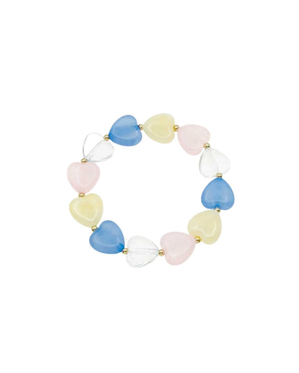 A heart-shaped beaded stretch bracelet featuring pastel blue, pink, yellow, and clear heart beads separated by small gold spacers, shown on a plain white background.