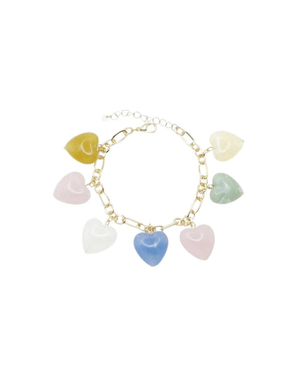 A gold-tone chain bracelet featuring seven pastel-colored heart-shaped charms in yellow, pink, white, blue, and green, displayed on a clean white background.