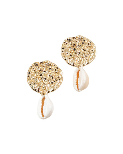 Gold earrings with white beads on a white background