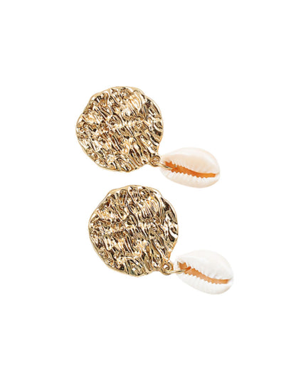 Pair of gold round earrings with pearl accents on a white background