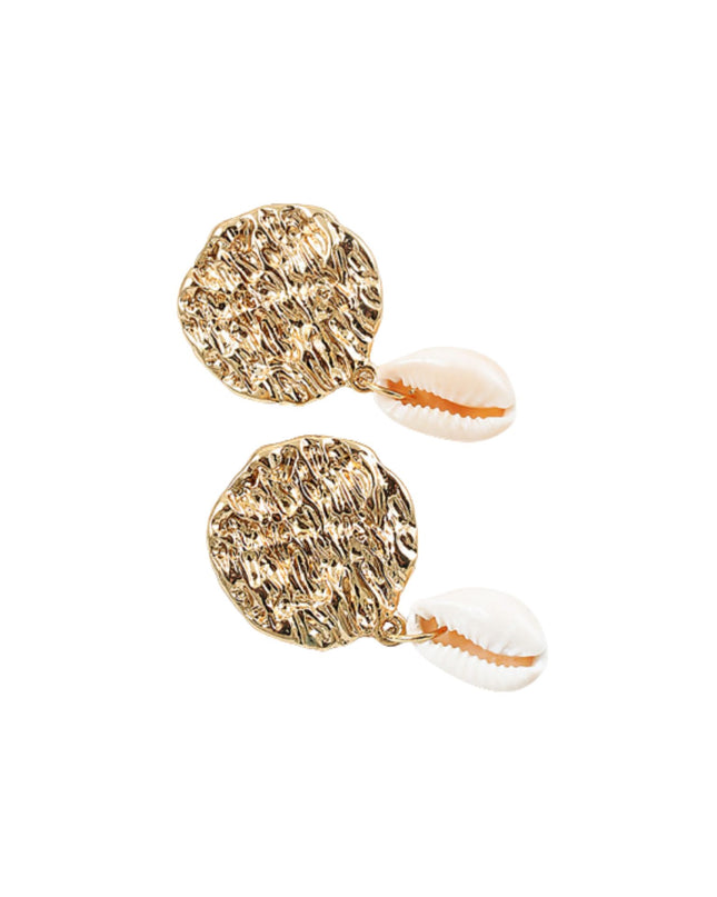Pair of gold round earrings with pearl accents on a white background
