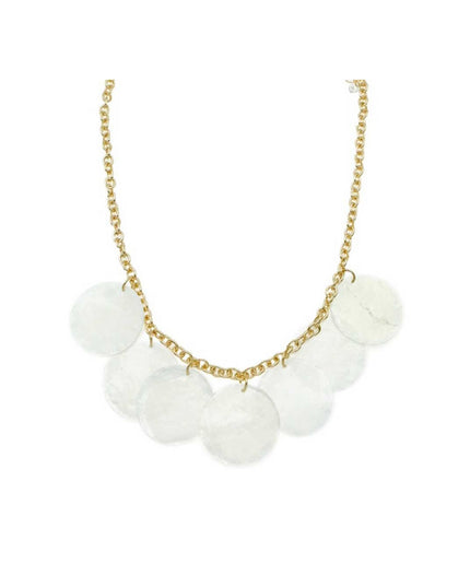 A gold chain necklace featuring a row of textured, disc-shaped white beads, photographed against a solid white background.