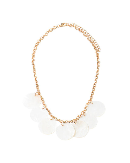 A gold-tone chain necklace featuring a row of large, flat, disc-shaped white mother-of-pearl pendants, shown against a plain white background.