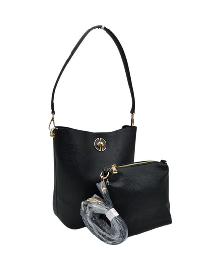 Black handbag with matching pouch on a white background