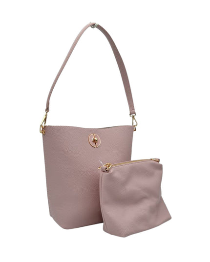 Pink handbag with matching pouch on a white background
