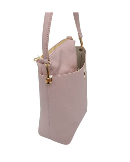 Pink handbag with gold zipper on a white background