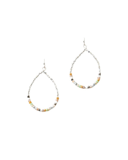A pair of silver teardrop dangle earrings with small multicolor beads along the bottom curve, shown on a plain white background.