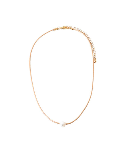 A delicate gold chain necklace with a single white pearl bead, displayed on a clean white background.