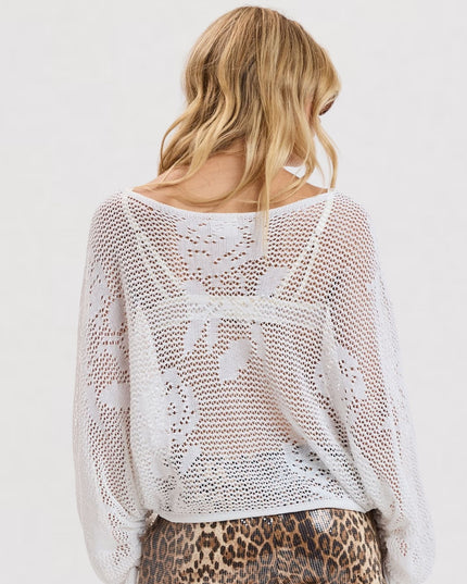 A woman shown from the back wearing a white open-knit long-sleeve top over leopard-print bottoms, against a plain white studio background.