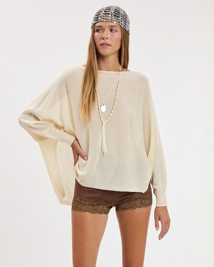 Boat Neck Long Sleeve Side Slits Poncho Knit Top Cream