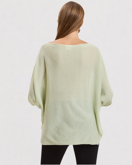 Boat Neck Long Sleeve Side Slits Poncho Knit Top Green