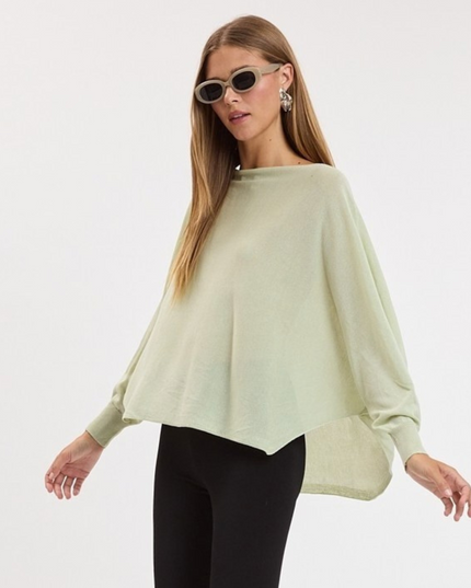 Boat Neck Long Sleeve Side Slits Poncho Knit Top Sage