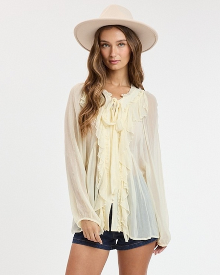 Crinkle Chiffon Ruffle Accent Long Sleeve Blouse