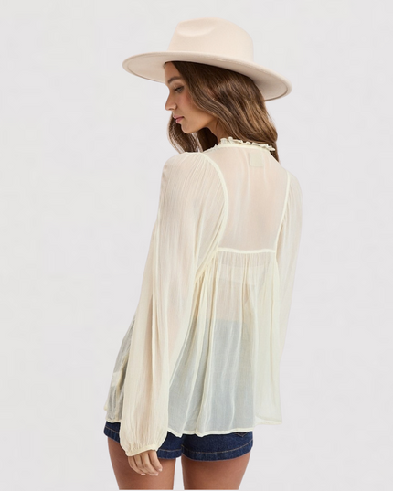 Crinkle Chiffon Ruffle Accent Long Sleeve Blouse Ivory