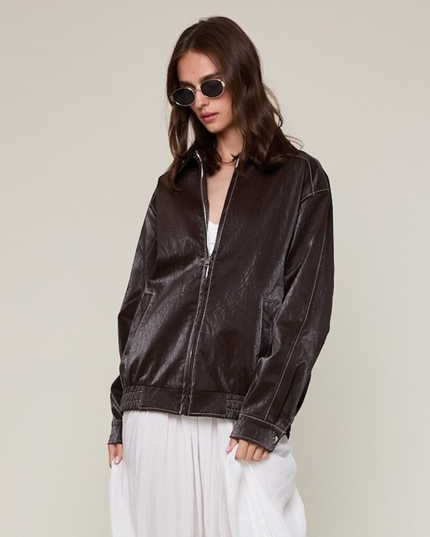 Faux Leather Collared Trim Point Oversized Jacket