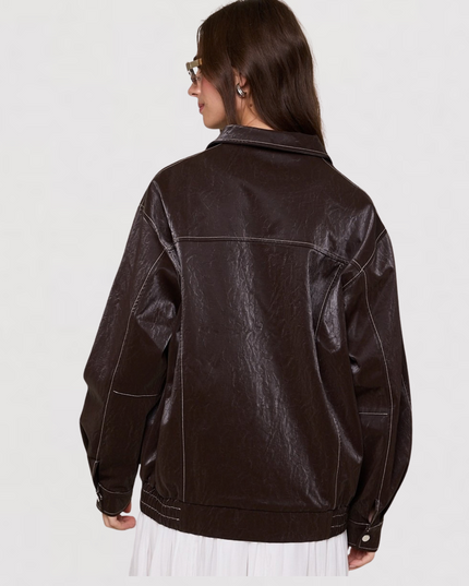 Faux Leather Collared Trim Point Oversized Jacket Chocolate