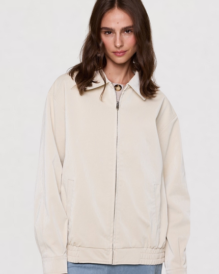 Faux Leather Collared Trim Point Oversized Jacket Cream