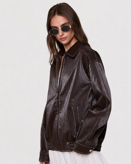 Faux Leather Collared Trim Point Oversized Jacket ark Brown