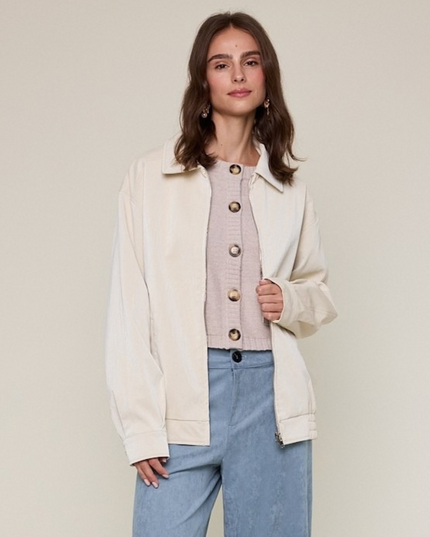 Faux Leather Collared Trim Point Oversized Jacket Ecru
