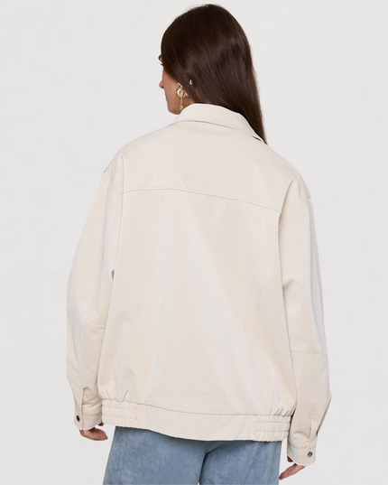 Faux Leather Collared Trim Point Oversized Jacket Ivory